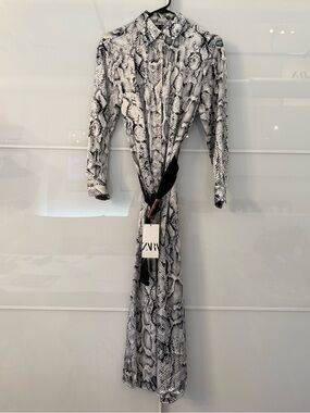 Zara Black and White Snake-Print Button-Down Maxi Dress with Belt